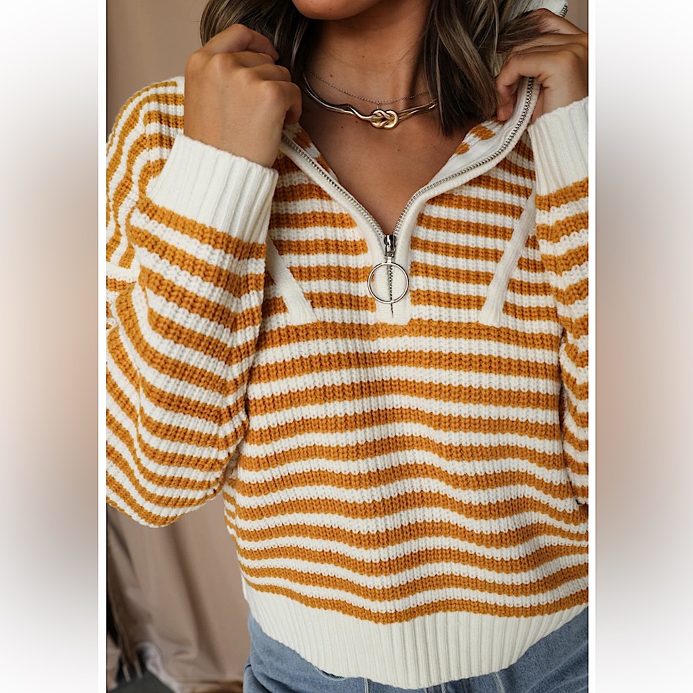 🆕🧡CREAMAN: CAMEL Preppy Striped Half-Zip Sweater SMALL